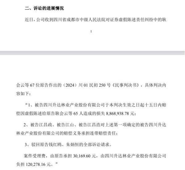 升达林业：虚假陈述案一审被判赔超800万 与成都农商行达成和解